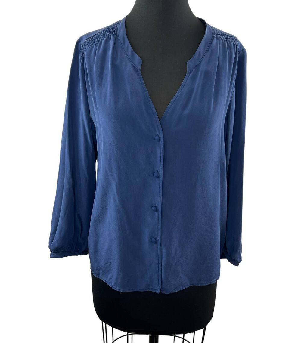 Amanda Uprichard Blue L Top Silk Notch Neck Button Front Long Sleeve Regular Fit